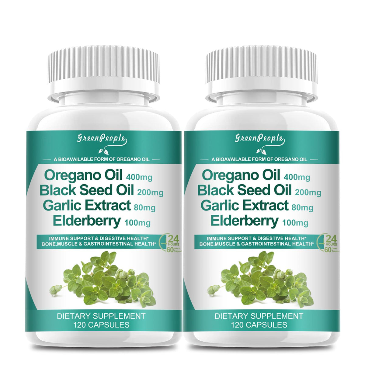 Bottle of Organic Oregano Oil Capsules featuring 11-in-1 blend for immune support