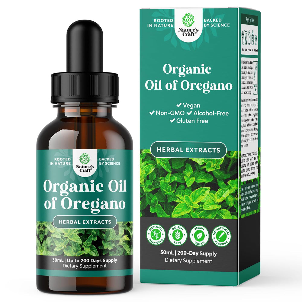 Front view of Organic Oregano Oil Drops 30 mL bottle
