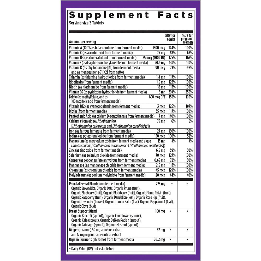 Organic prenatal vitamins ingredients and labeling