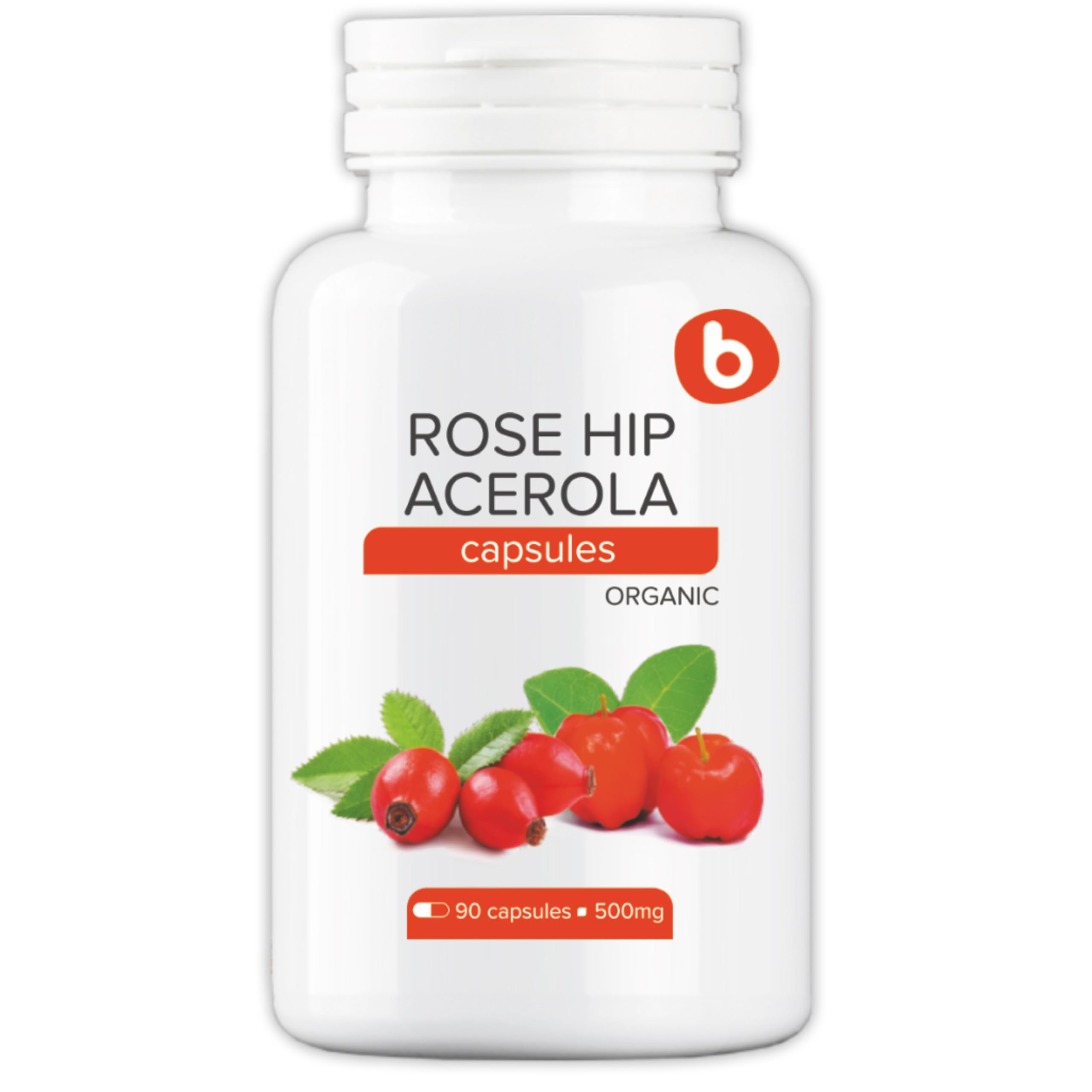 Front bottle of Organic Rose Hips & Acerola Capsules - plant-based vitamin C