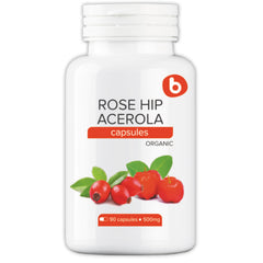 Front bottle of Organic Rose Hips & Acerola Capsules - plant-based vitamin C