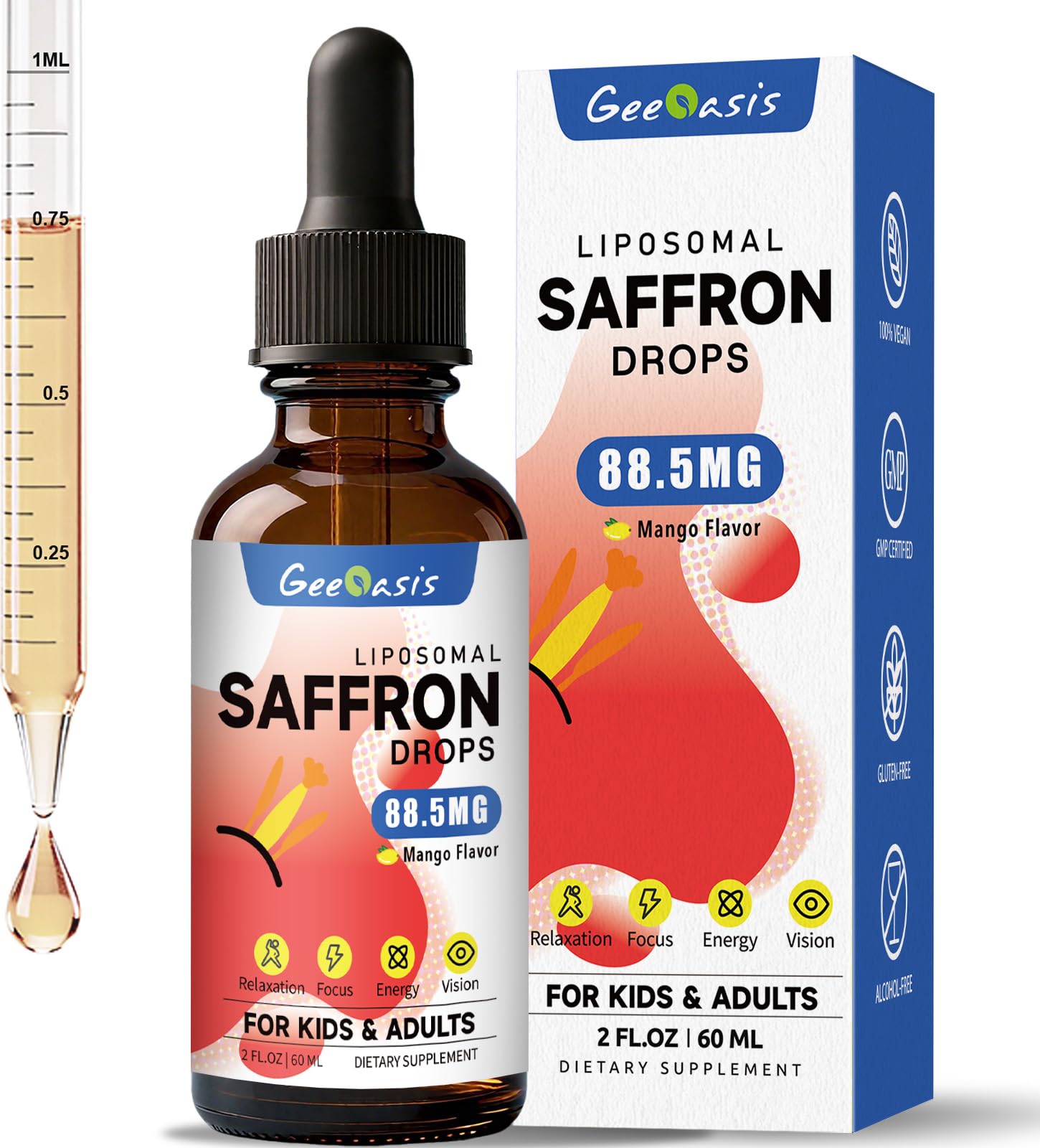 Organic saffron extract liquid drops with liposomal delivery in a 2 oz bottle
