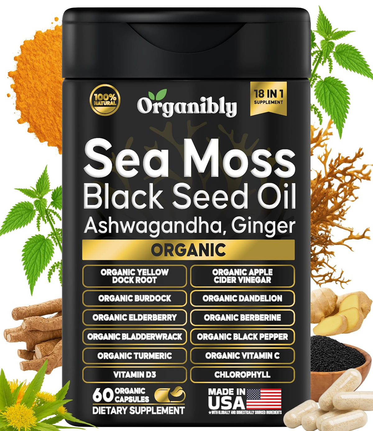 Hero image of Organic Sea Moss Black Seed Oil Ashwagandha Capsules bottle