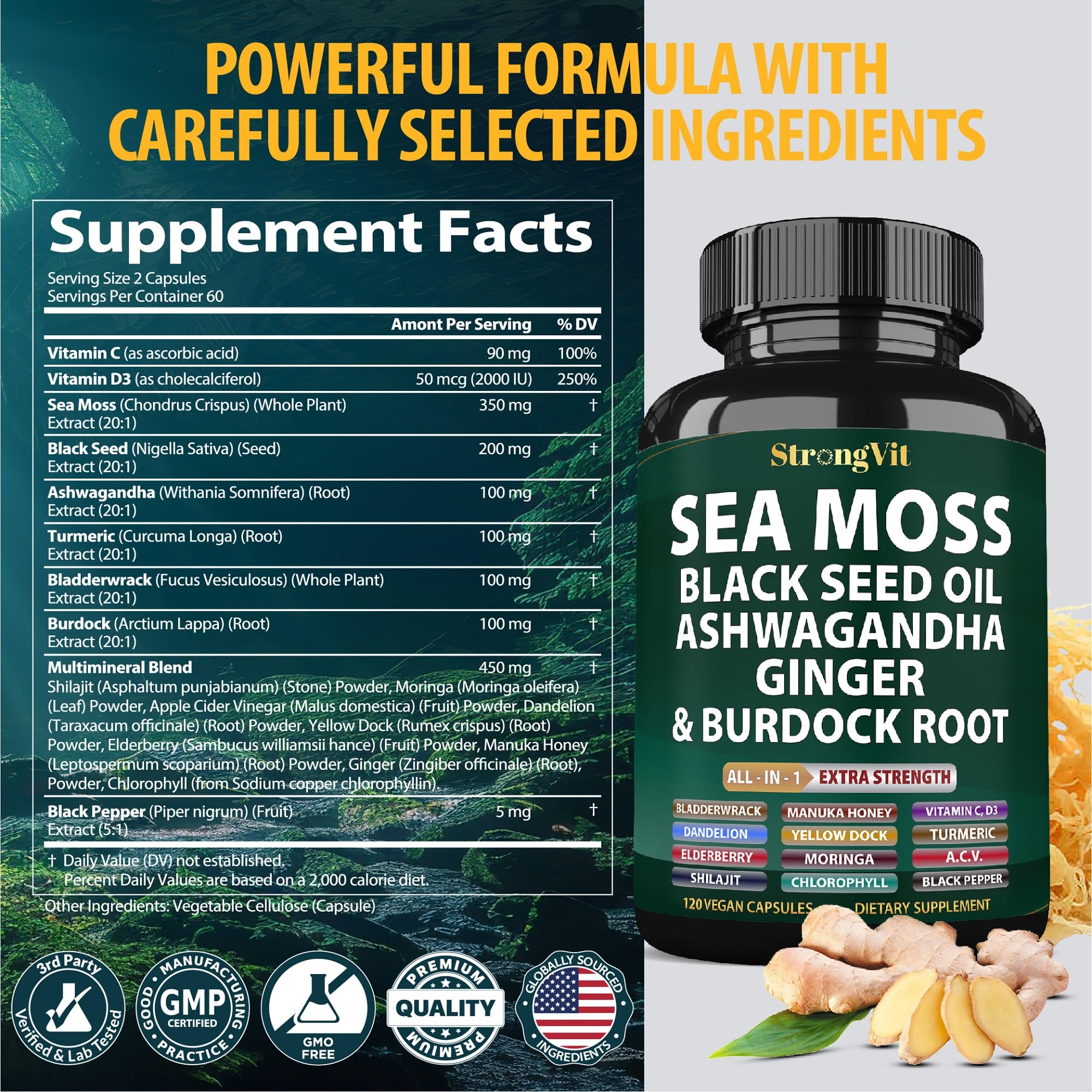Organic Sea Moss capsules bottle, 120 count