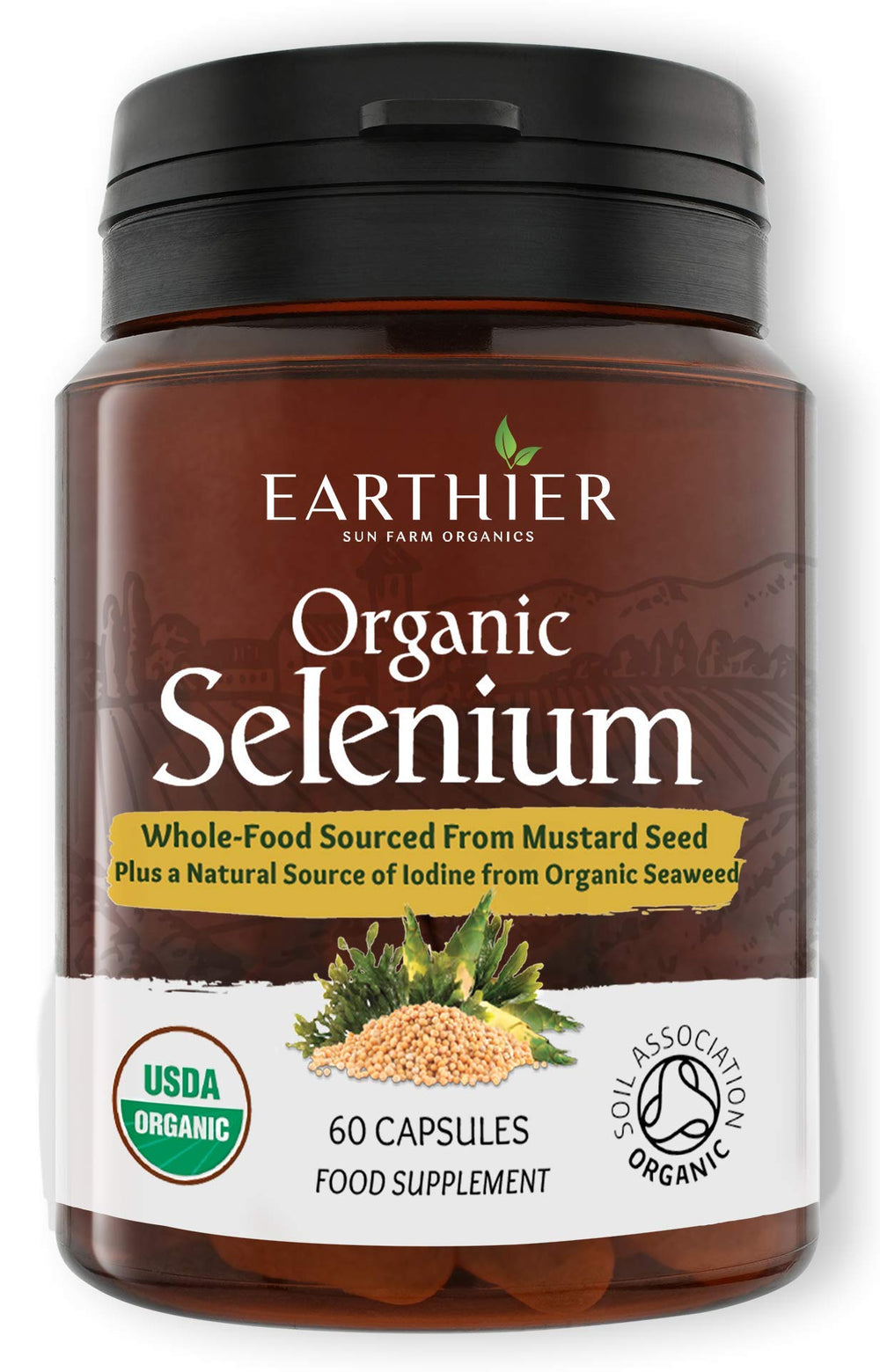 Organic Selenium 200 mcg with Iodine and Silica bottle on natural background