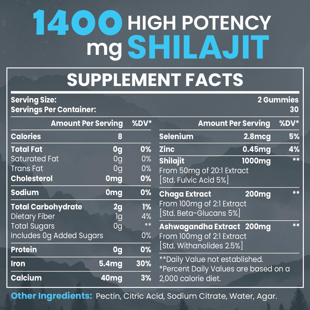 Label of organic Shilajit gummies showing 120 count