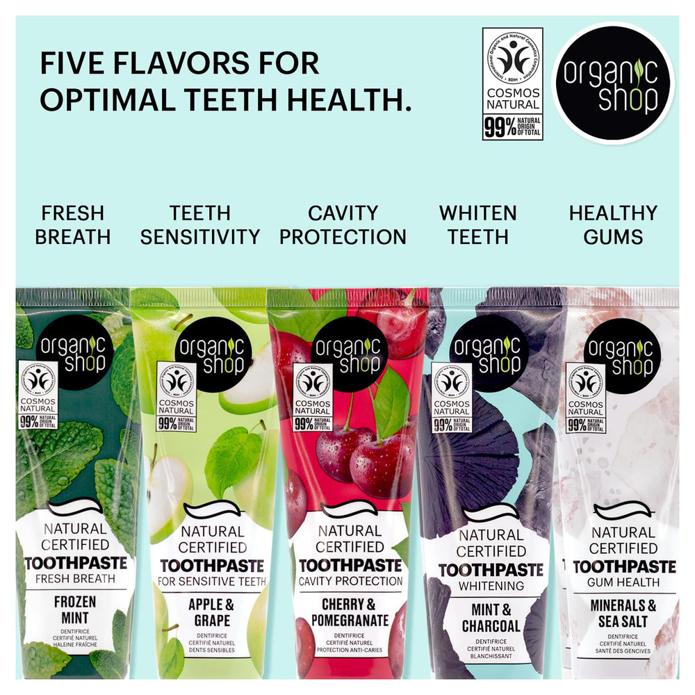 Organic Shop toothpaste on toothbrush demonstrating gentle everyday brushing