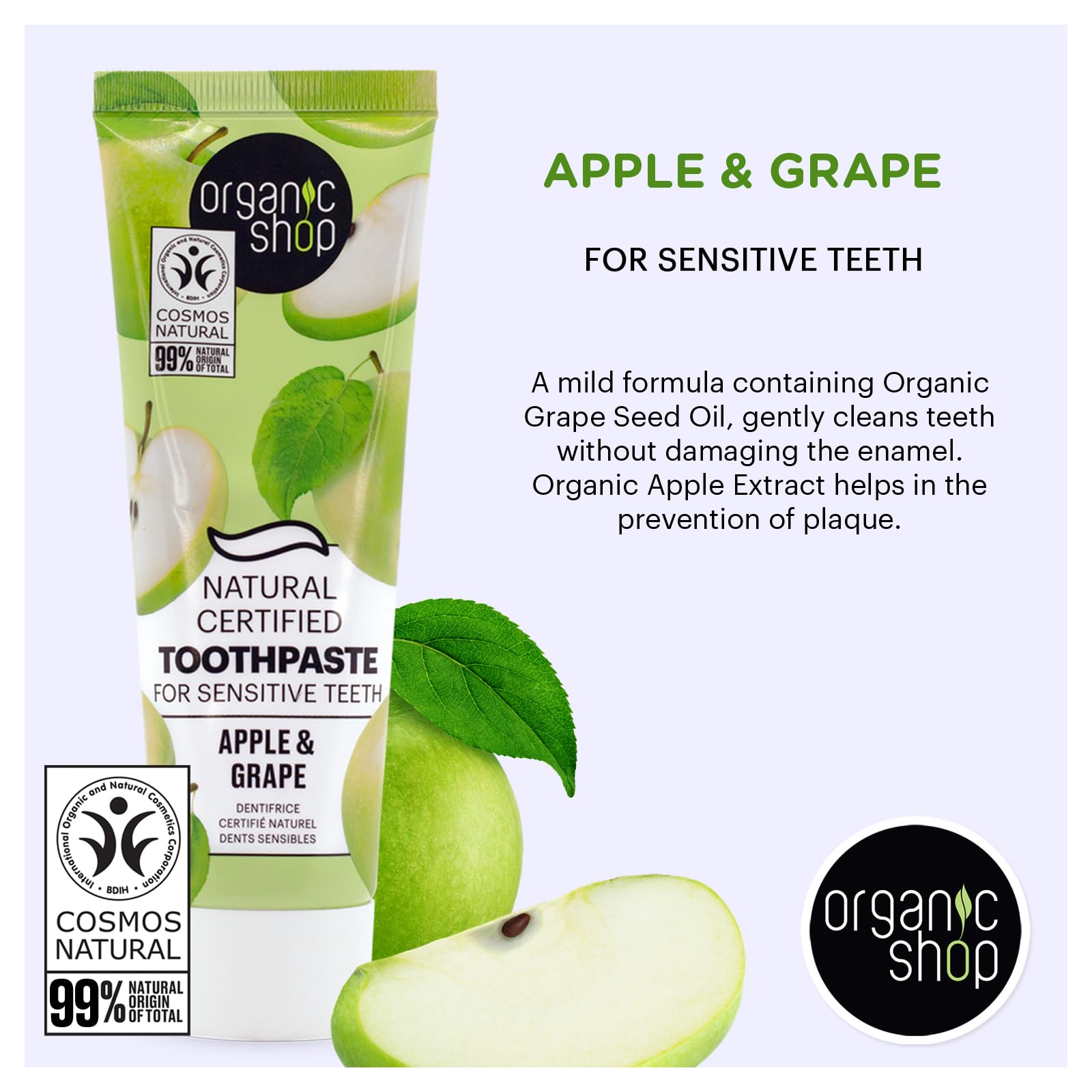 Organic Shop tube label detail highlighting COSMOS Natural and vegan certification