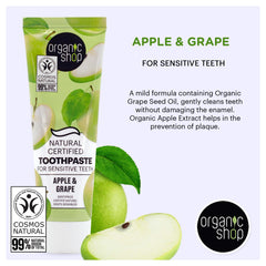Organic Shop tube label detail highlighting COSMOS Natural and vegan certification