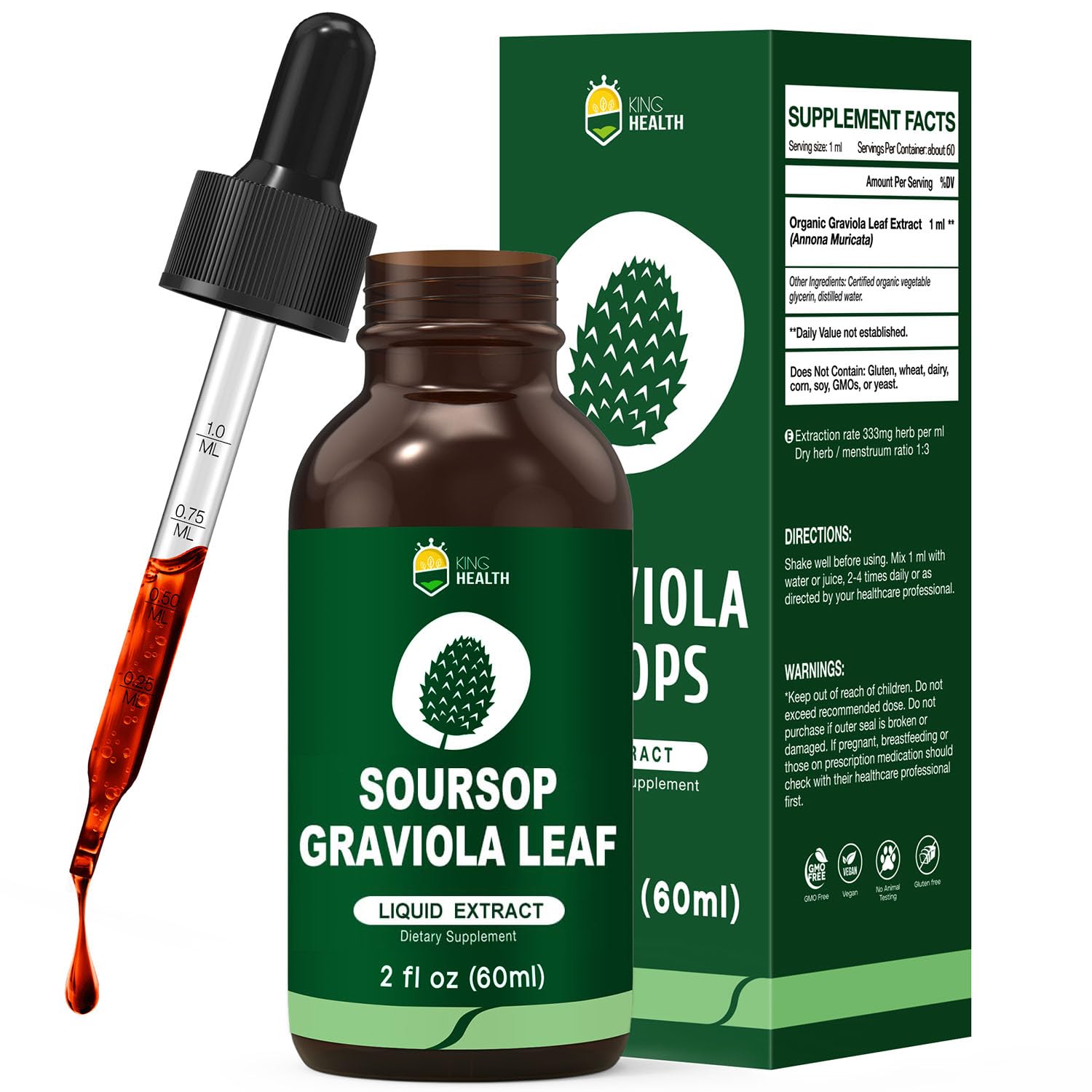 Organic soursop graviola leaf extract drops bottle on white background