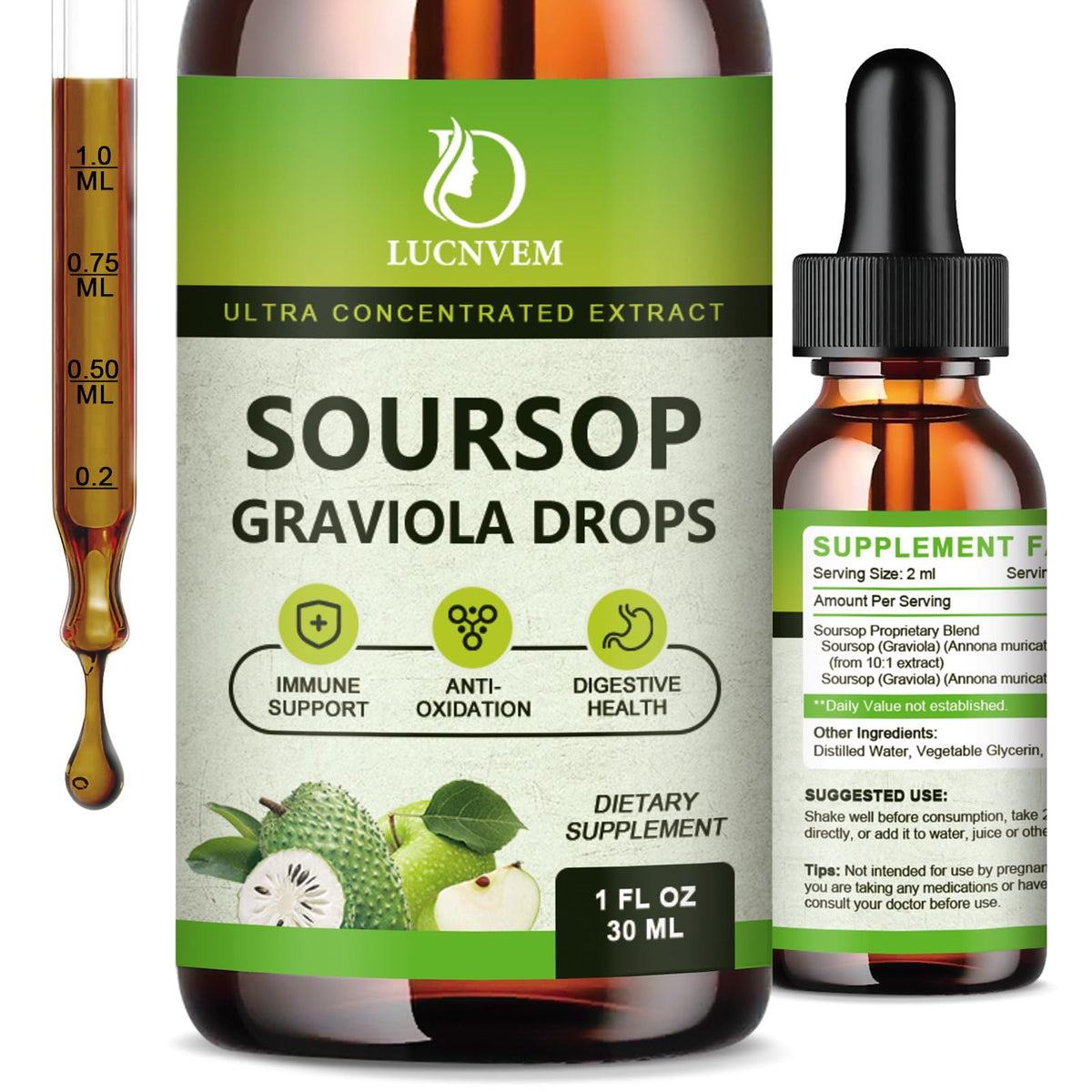 Organic soursop graviola liquid drops bottle with apple flavor - 2 oz