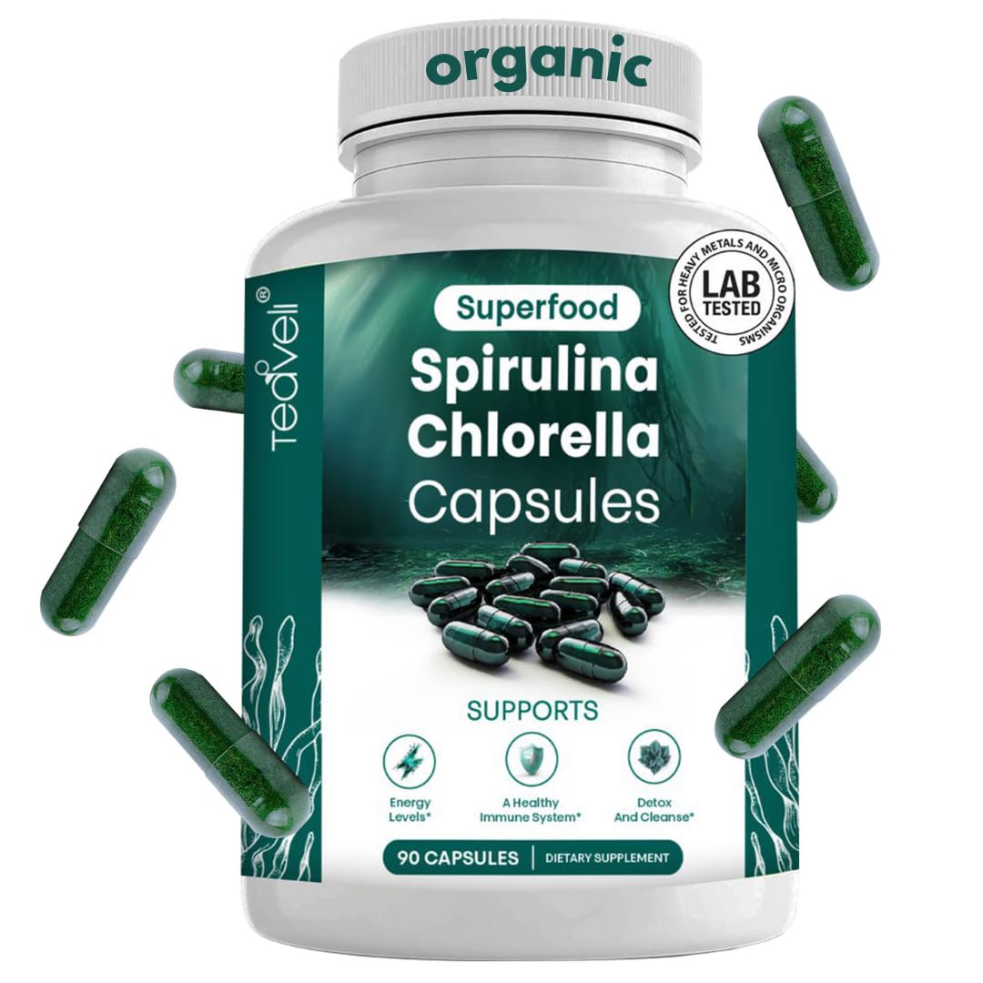 Front view of Organic Spirulina & Chlorella Capsules bottle - 90 count