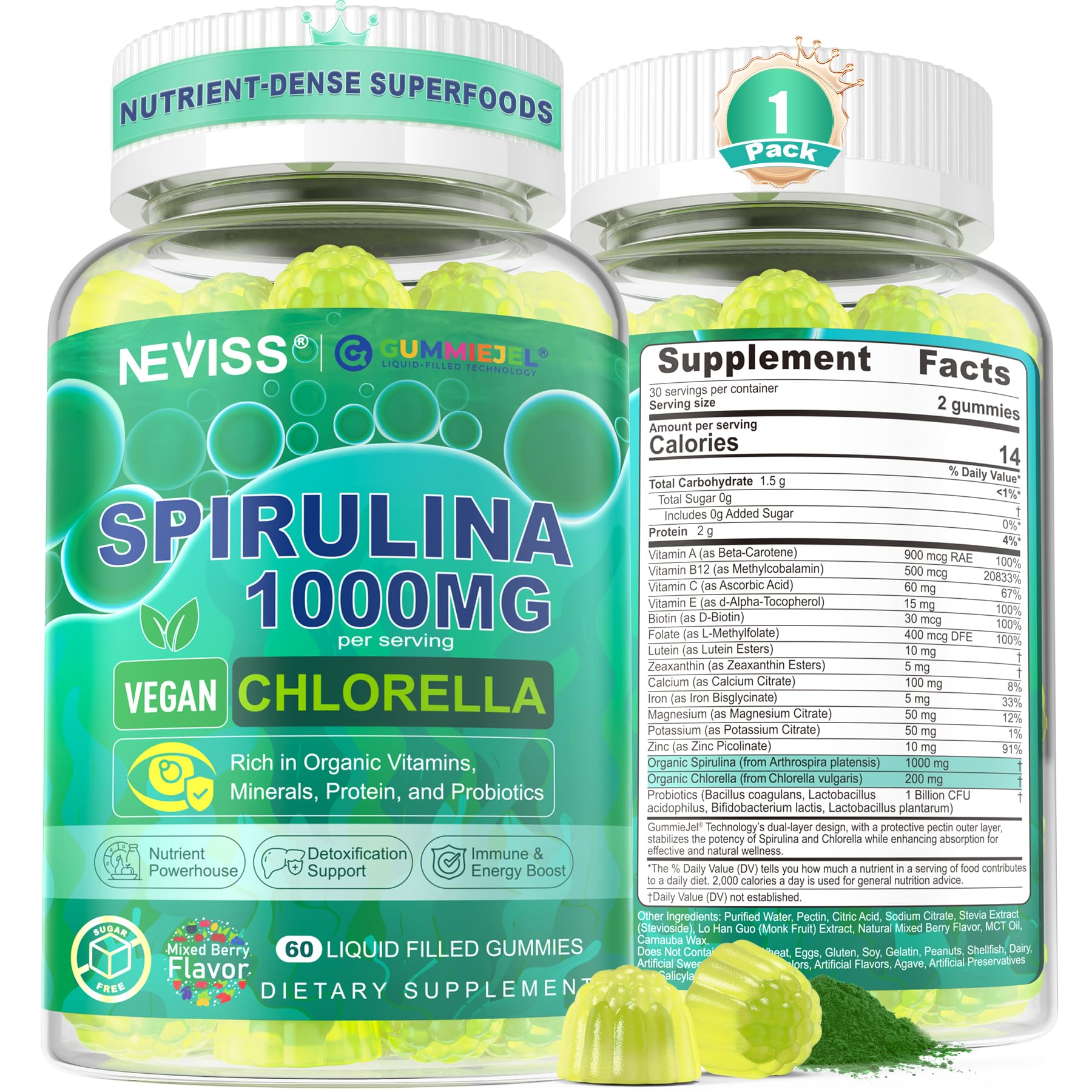 Front label of Organic Spirulina & Chlorella Gummies bottle