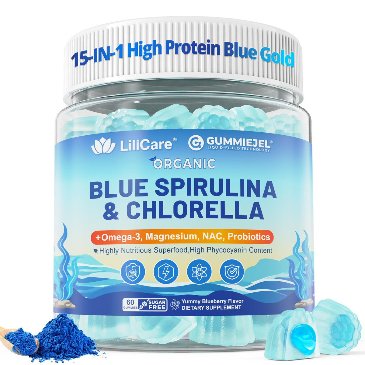Front view of Organic Spirulina & Chlorella Gummies packaging