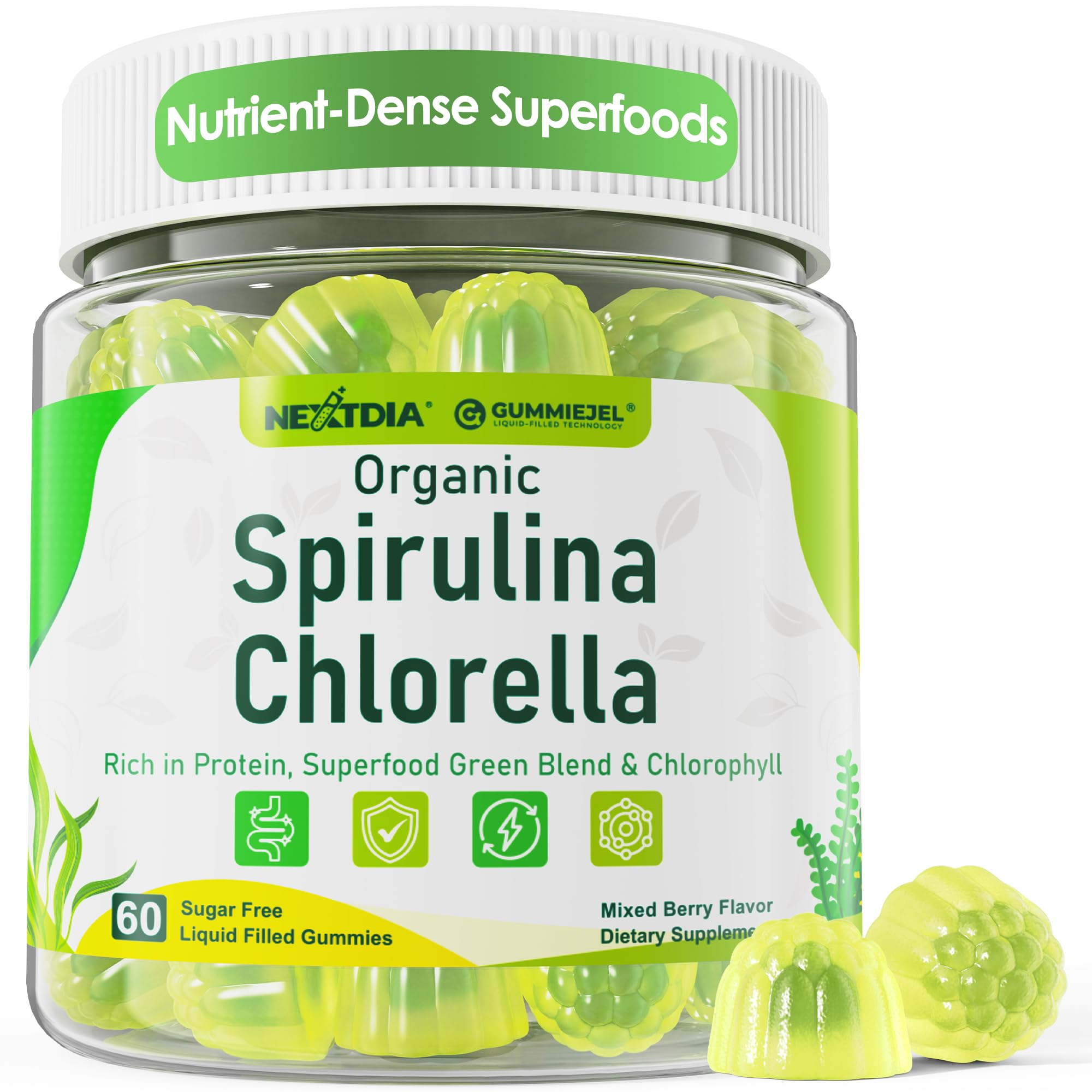 Front packaging of Organic Spirulina & Chlorella Gummies