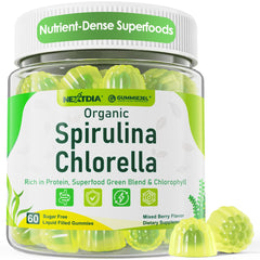 Front packaging of Organic Spirulina & Chlorella Gummies