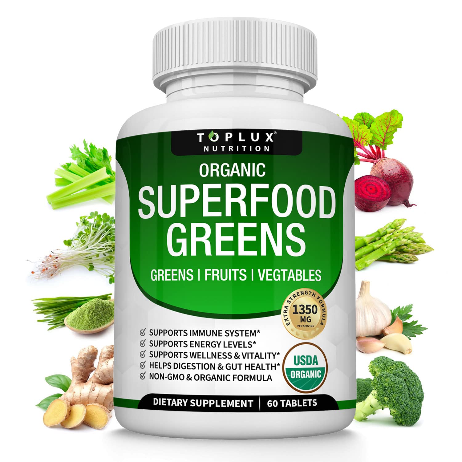 Organic Super Greens Capsules bottle with label