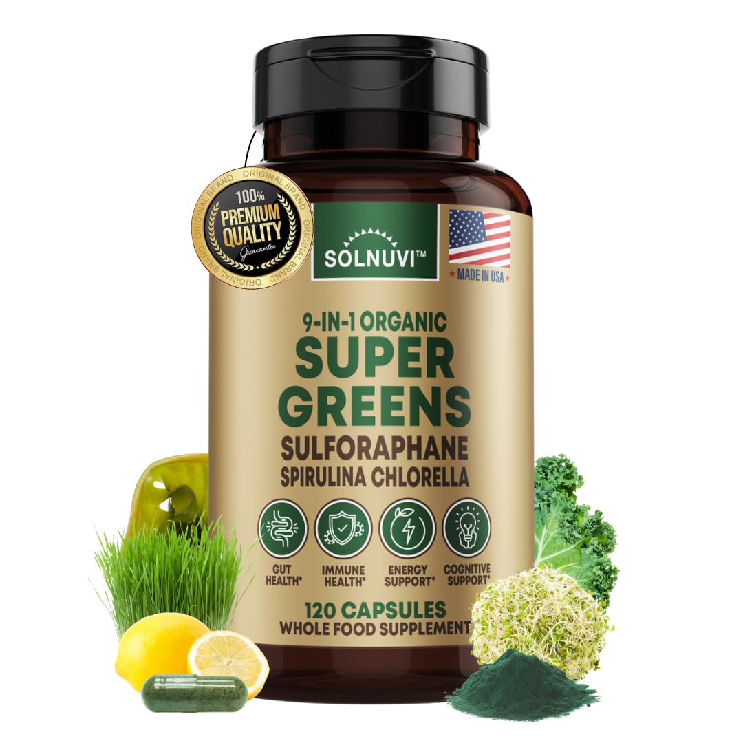 Solnuvi Organic Super Greens Capsules bottle and packaging on a clean surface