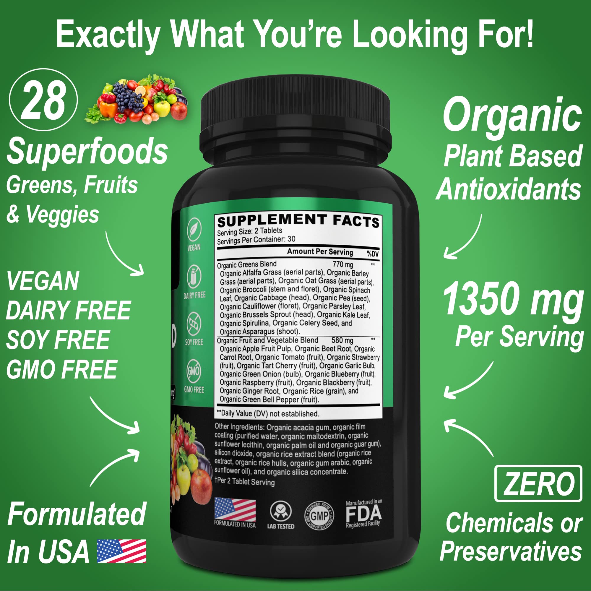 USDA Organic label on greens and fruits supplement bottle