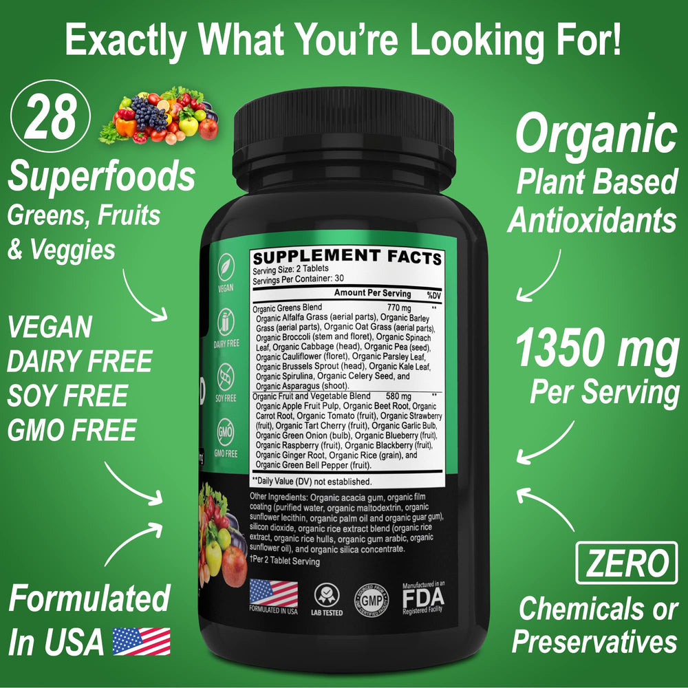 USDA Organic label on greens and fruits supplement bottle
