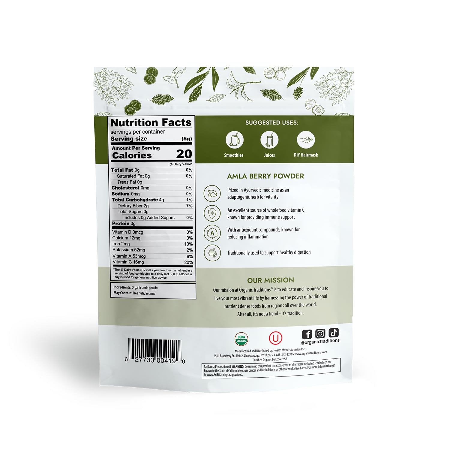 Label showing Organic and Non-GMO certifications for amla powder