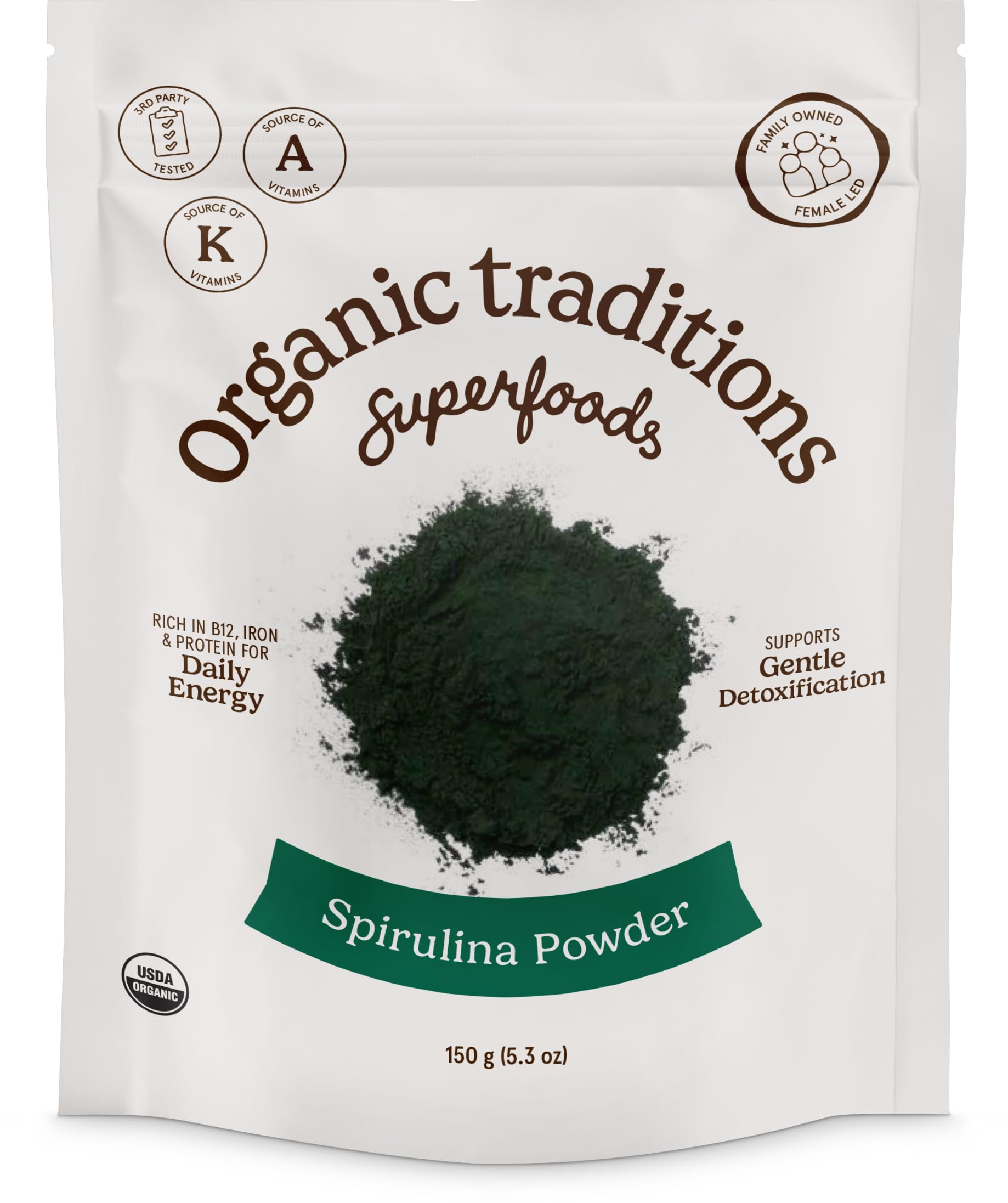 Front view of Organic Traditions Spirulina powder bag (150g)