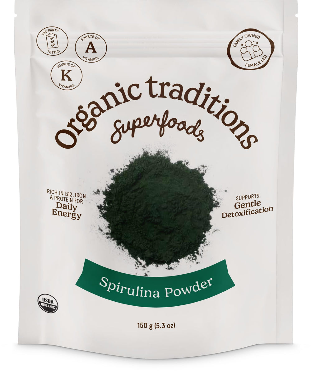Front view of Organic Traditions Spirulina powder bag (150g)