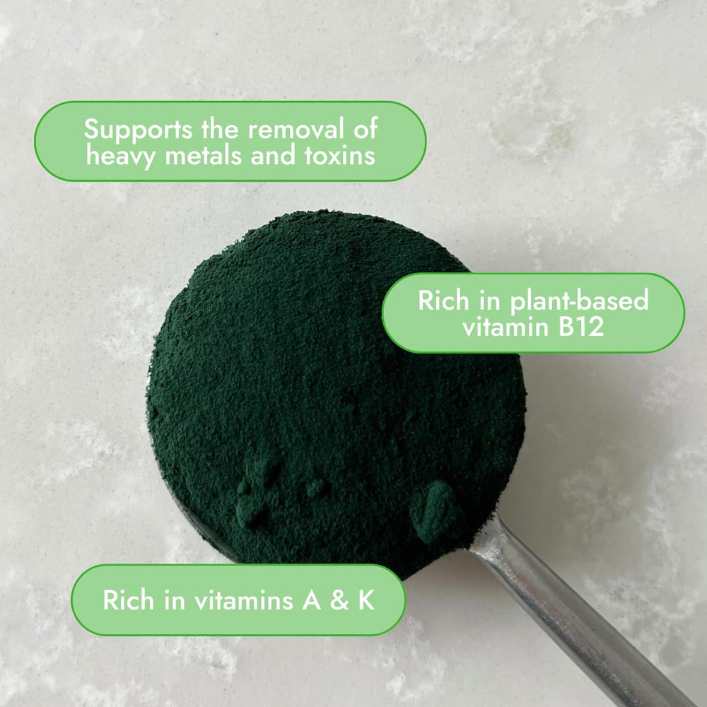 Close-up of spirulina powder ingredients and certifications