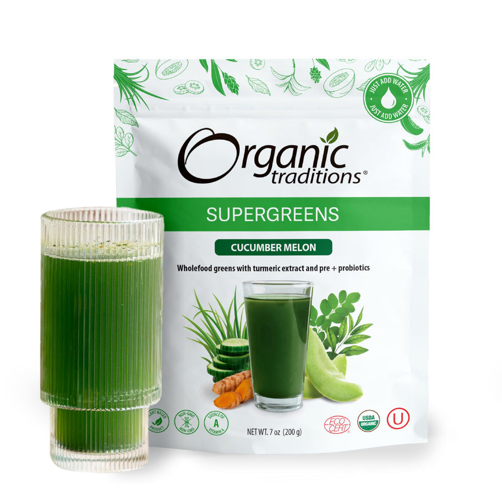 Organic Traditions Super Greens Powder cucumber melon flavor packaging