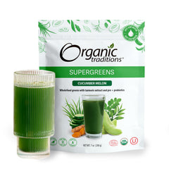 Organic Traditions Super Greens Powder cucumber melon flavor packaging