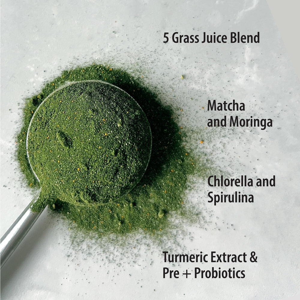 Greens powder ingredients: alfalfa, barley, wheat, Kamut and oat grass juices