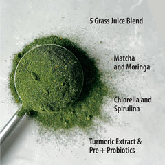 Greens powder ingredients: alfalfa, barley, wheat, Kamut and oat grass juices