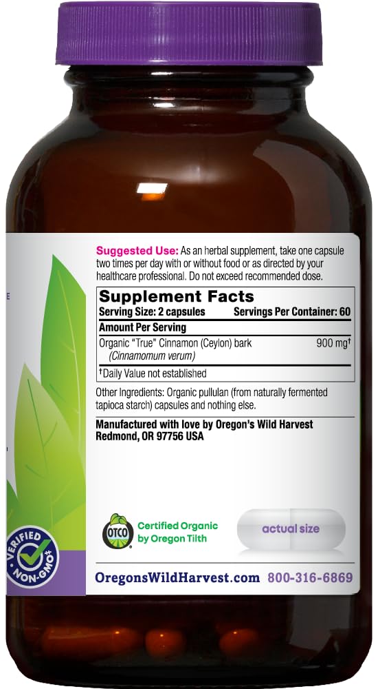 Organic True Cinnamon Ceylon capsules for vegan dietary needs, 120-count