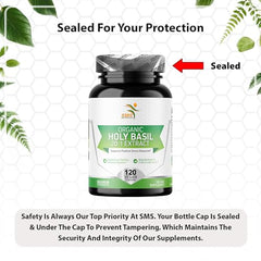 Packaging showing a 4-month supply of Organic Holy Basil supplement