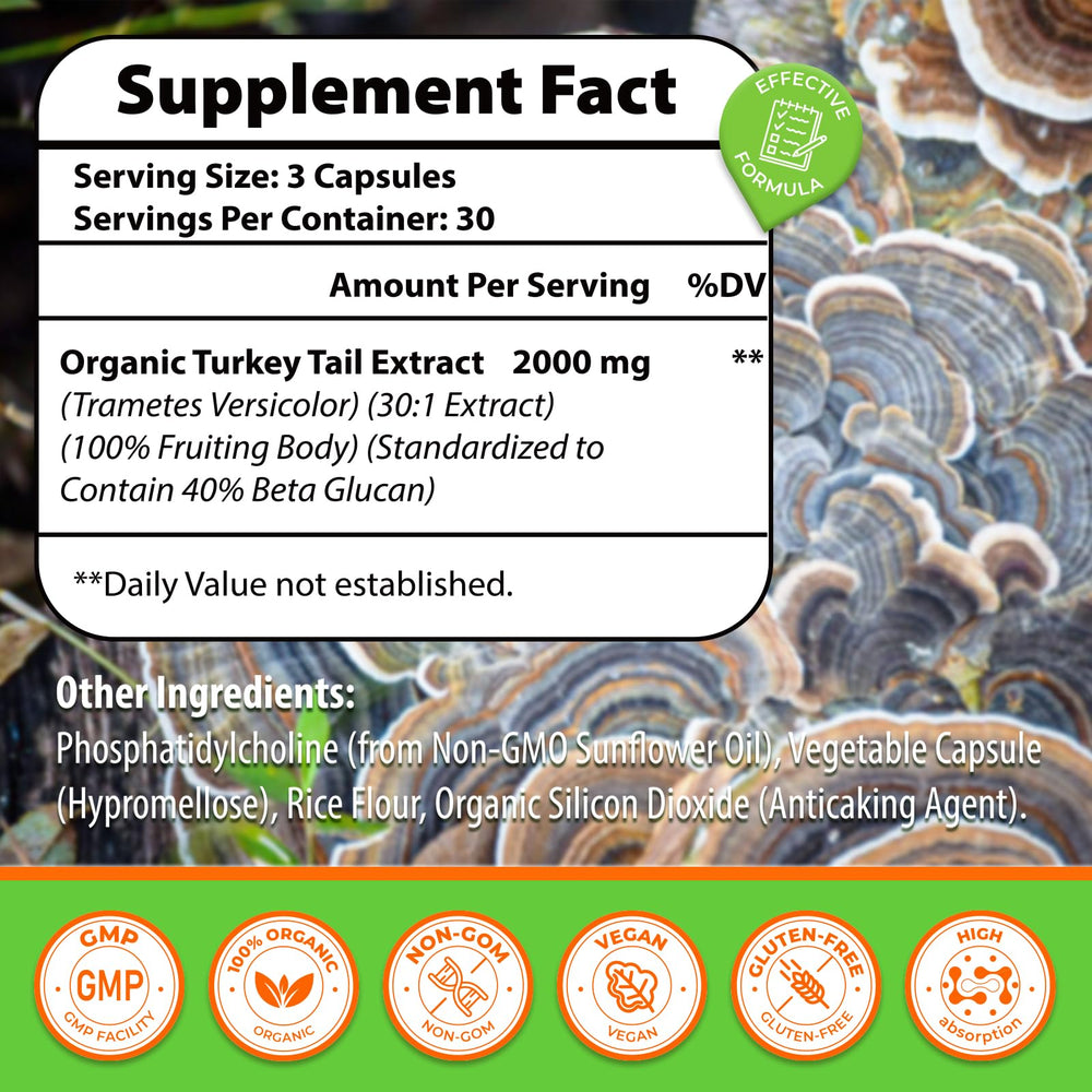 Organic turkey tail mushroom extract 30to1 2000mg serving