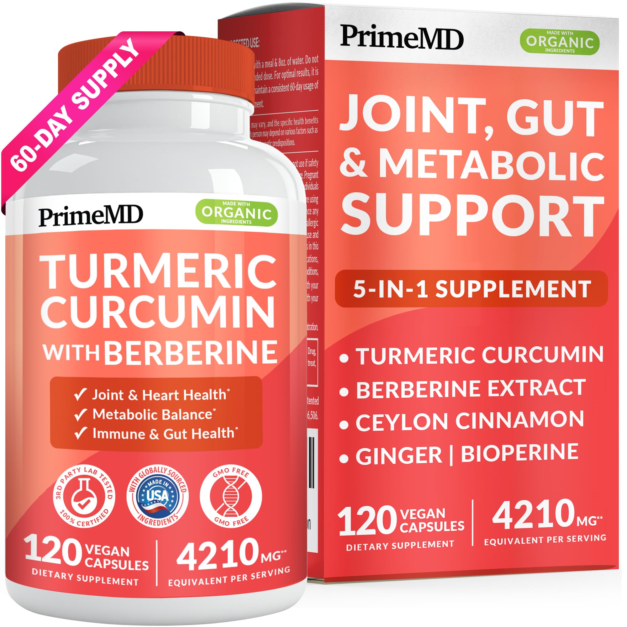 Bottle of 5-in-1 Organic Turmeric Curcumin 4210mg with Berberine, Cinnamon and Ginger, 120 count