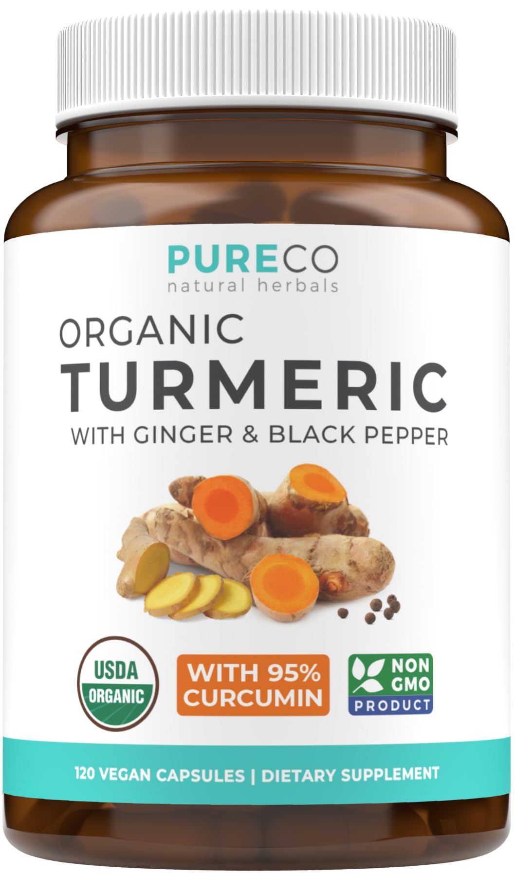 Front view of Organic Turmeric Ginger Black Pepper supplement bottle