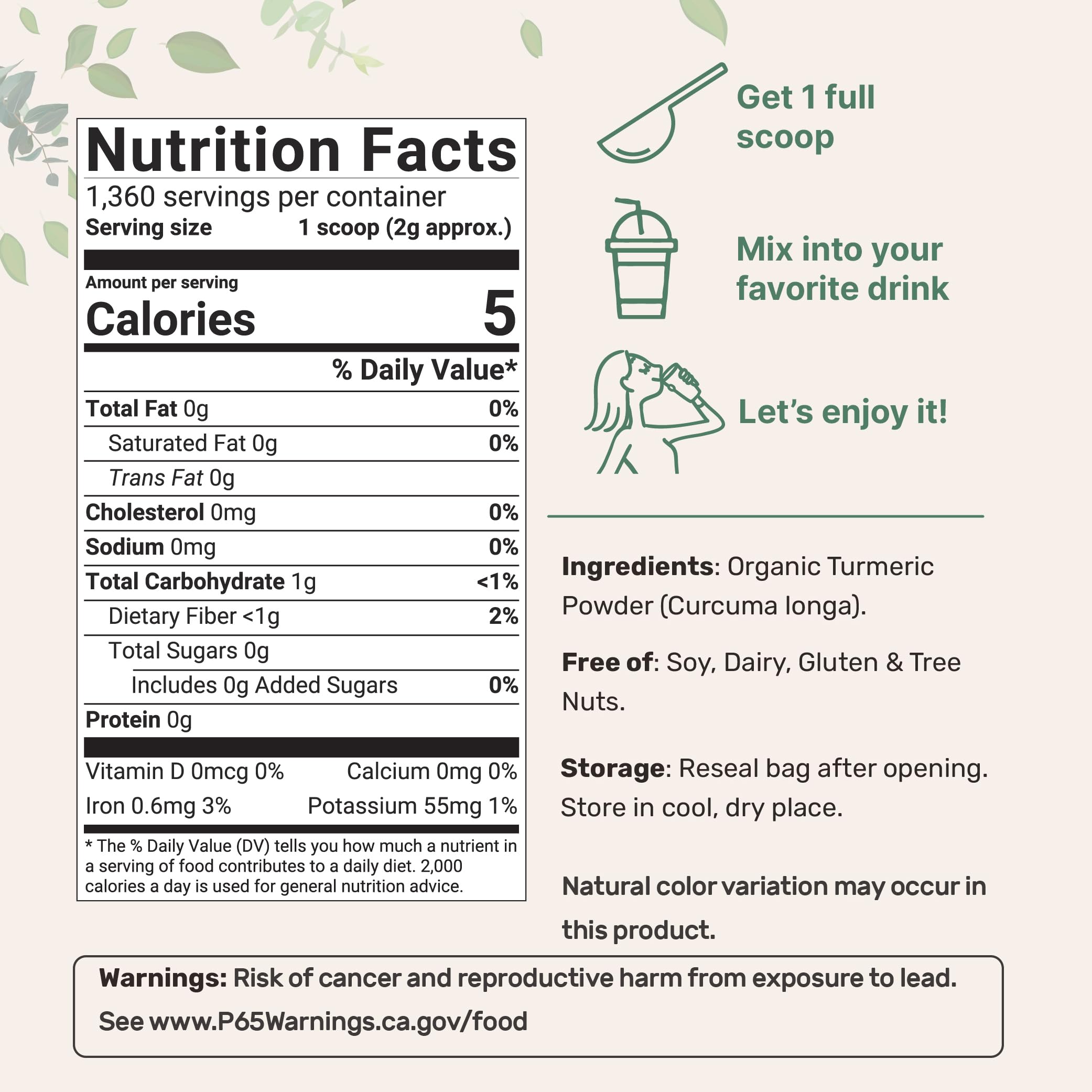 Back view of Organic Turmeric Powder 5 lb packaging