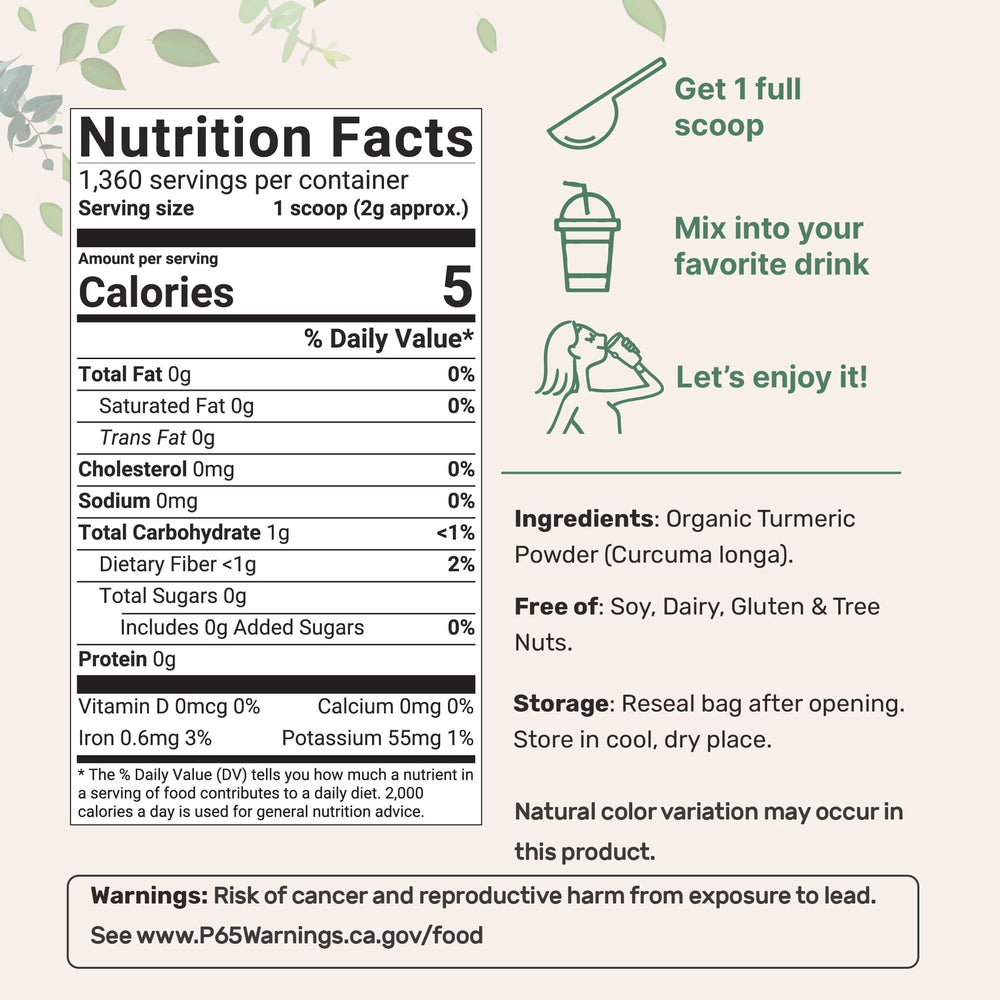Back view of Organic Turmeric Powder 5 lb packaging