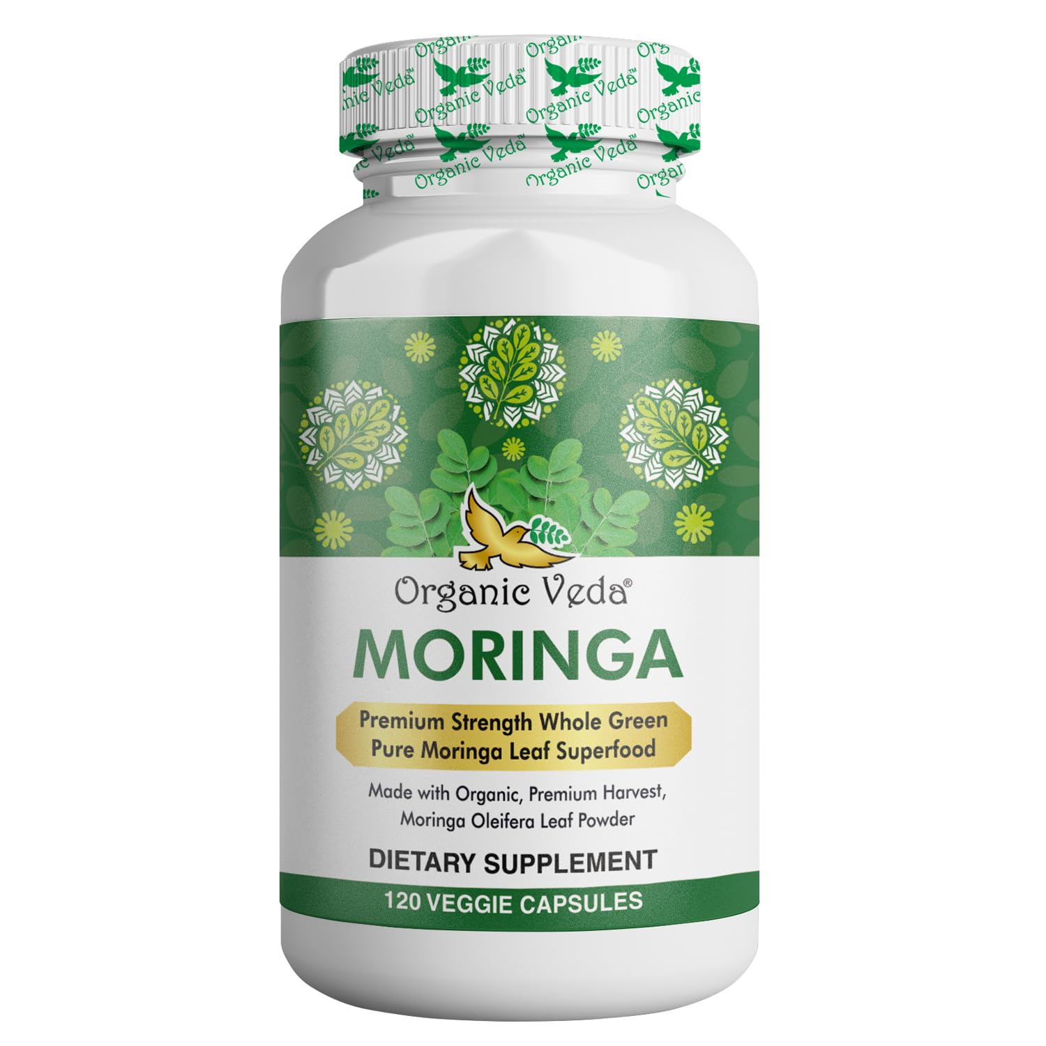 Front view of Organic Veda Moringa Leaf Capsules bottle