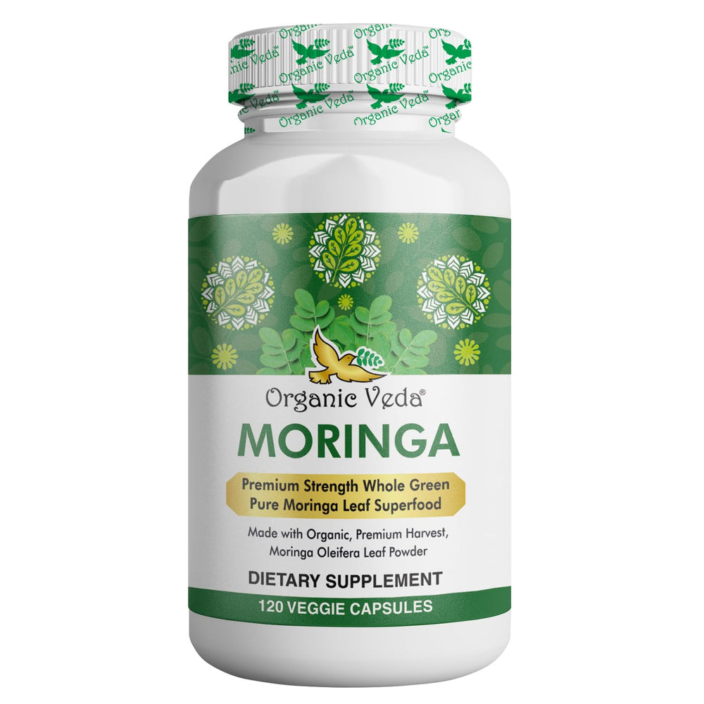 Front view of Organic Veda Moringa Leaf Capsules bottle