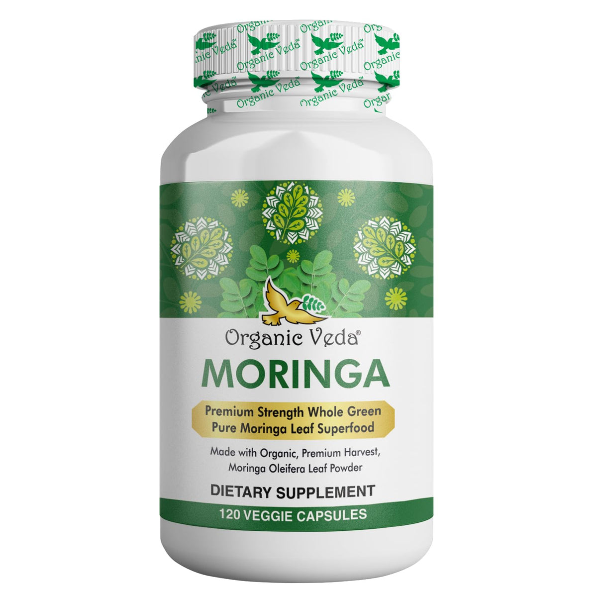 Front view of Organic Veda Moringa Leaf Capsules bottle