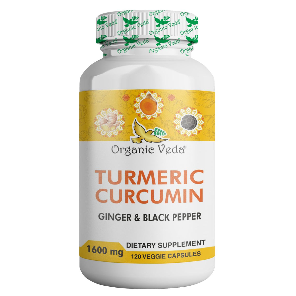 Bottle of Organic Veda Turmeric and Ginger Capsules 120 Pills on white background
