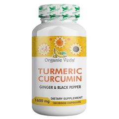 Bottle of Organic Veda Turmeric and Ginger Capsules 120 Pills on white background