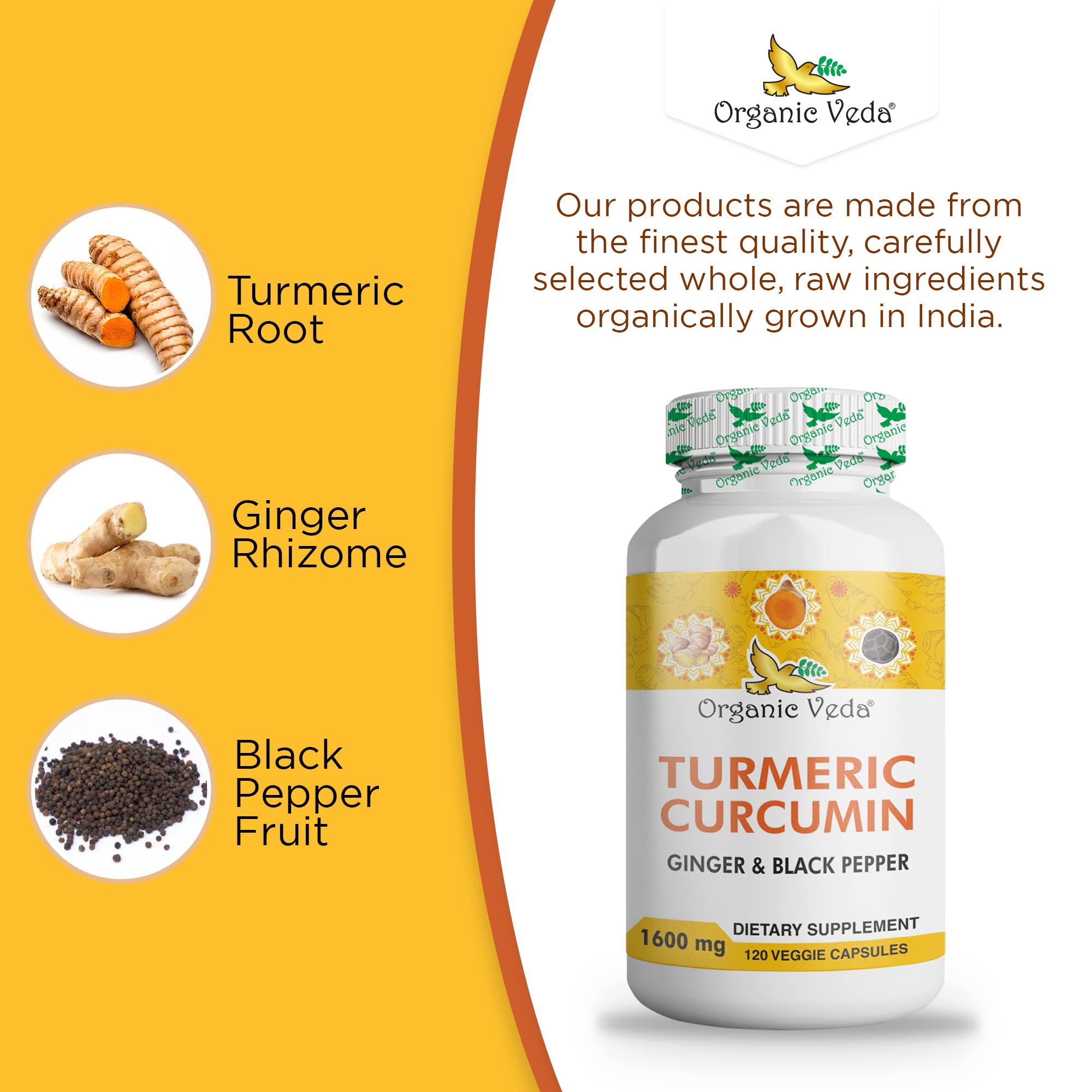 Front view of Organic Veda Turmeric and Ginger Capsules bottle with label