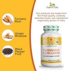 Front view of Organic Veda Turmeric and Ginger Capsules bottle with label