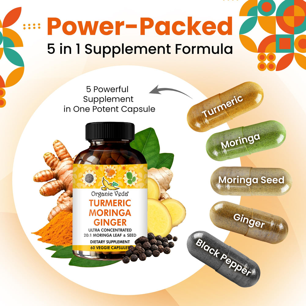 Moringa leaf and seed extracts with turmeric and ginger