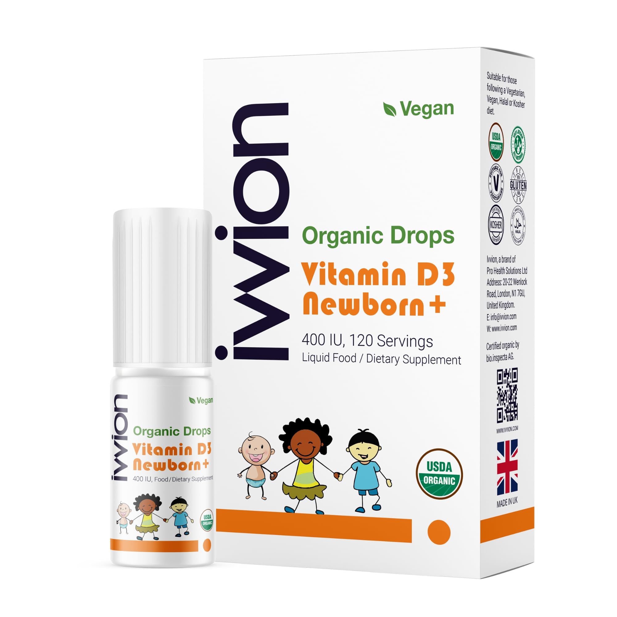 Organic vegan Vitamin D3 drops for infants in UK-made bottle (120 drops)