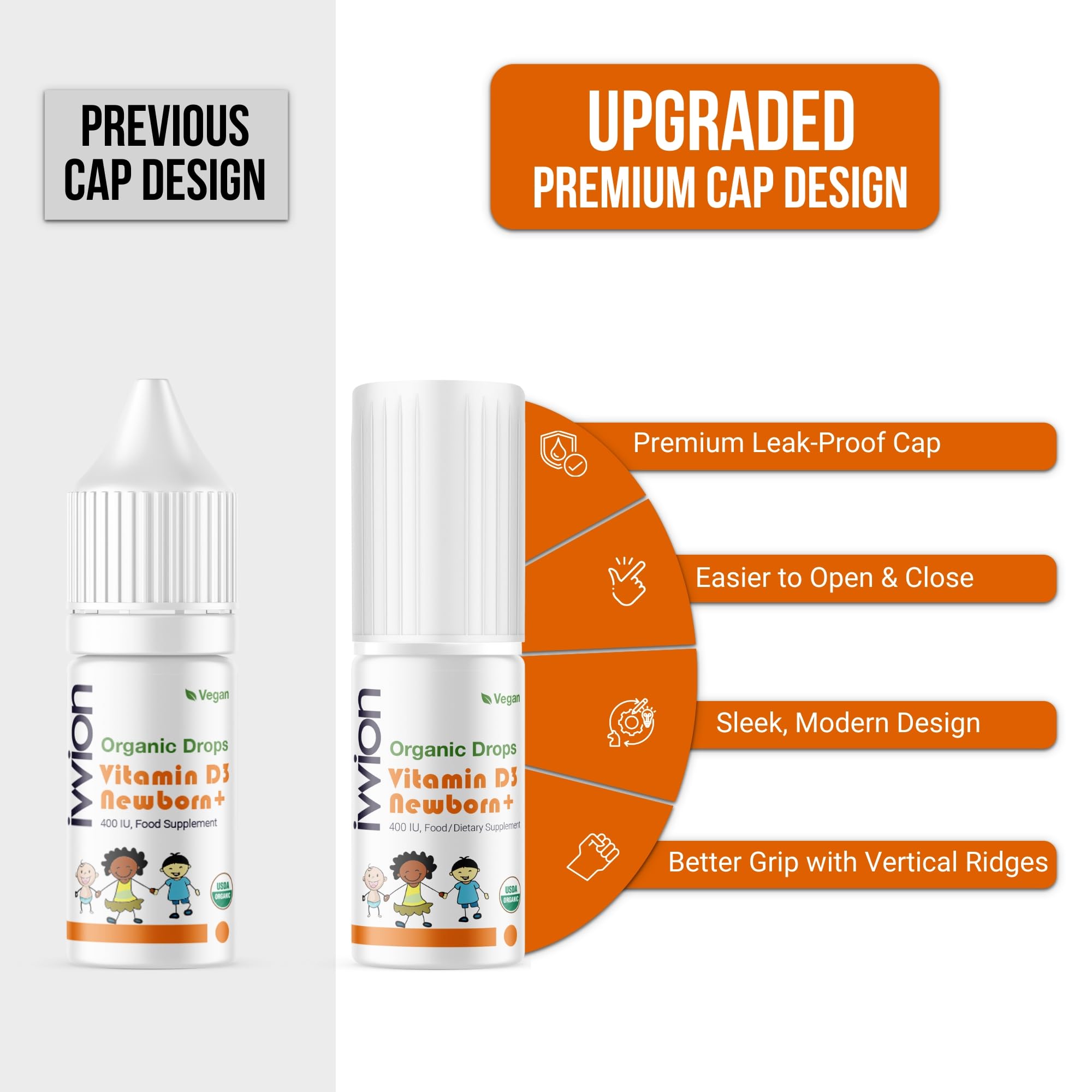 Precision dosing nozzle on baby vitamin D3 drops for mess-free use