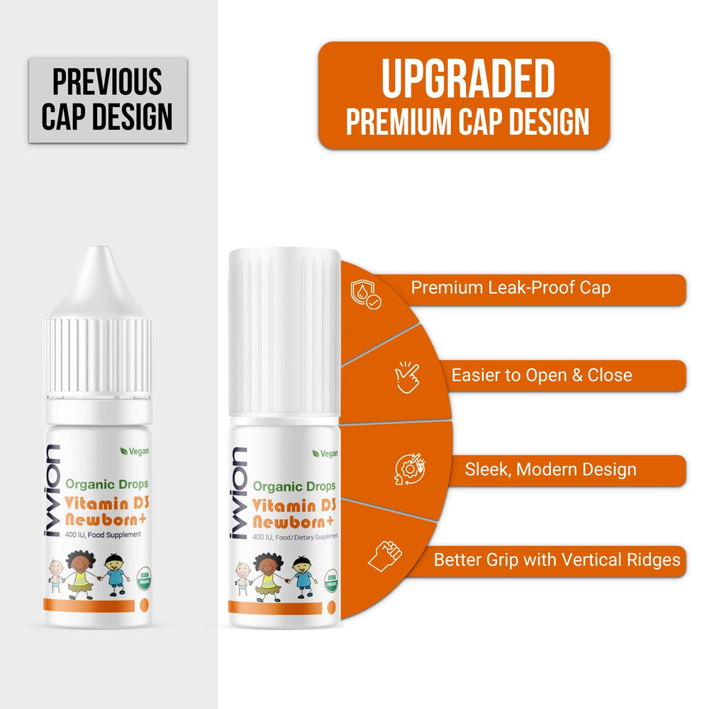 Precision dosing nozzle on baby vitamin D3 drops for mess-free use